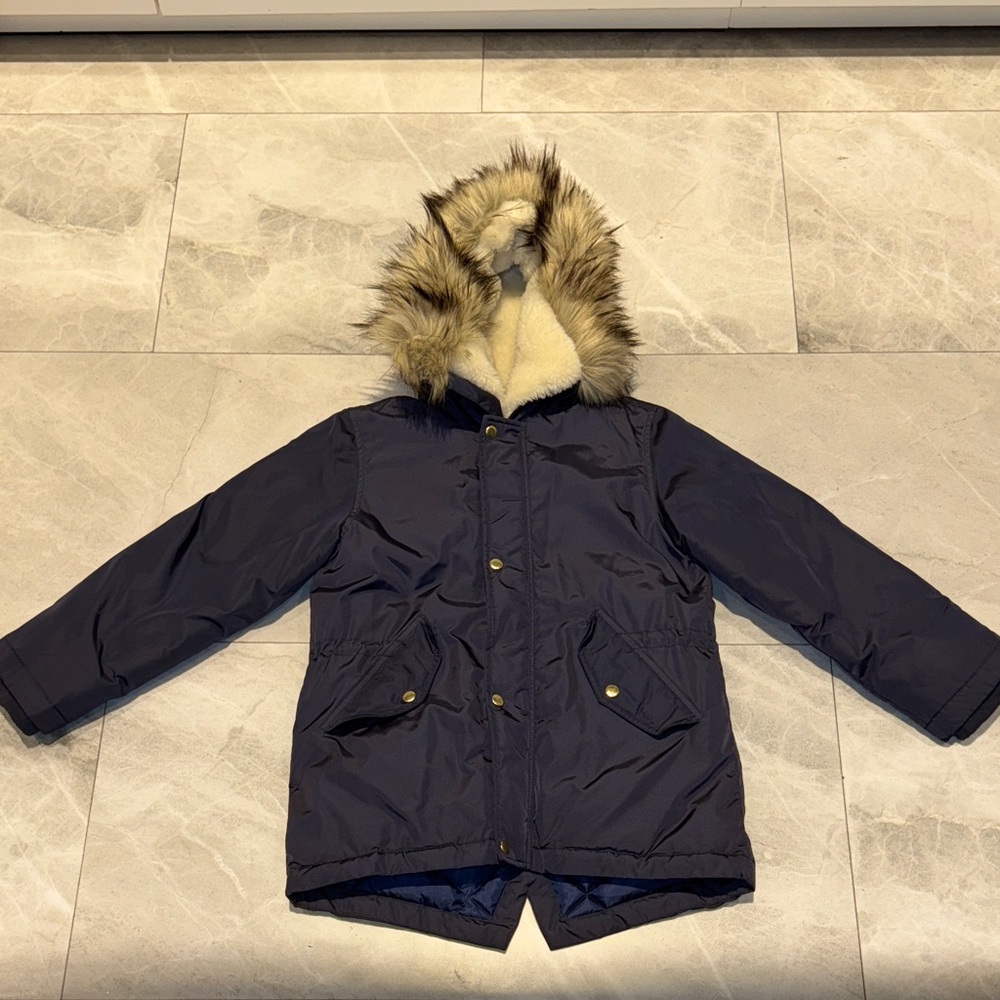 Crewcuts Dark Blue Puffer Jacket with Faux Fur Hood